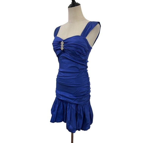 Vtg Y2K B Darlin Blue Bubble Hem Ruched Mini Dress Sz 11/12 Twee Punk Cocktail - Picture 3 of 9